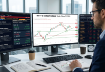 Nifty, Sensex Prediction Next Week: Navigating the IT Valuation Shock and Tactical Capital Rotation BSE Sensex trading screen at the Friday close showing a tech sector correction after global IT guidance revisions, Nifty 50 candlestick chart plotting the structural demand floor at 23,850 and key resistance vectors up to 24,150 for June 2026.