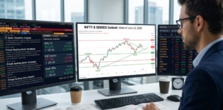 Nifty, Sensex Prediction Next Week: Navigating the IT Valuation Shock and Tactical Capital Rotation BSE Sensex trading screen at the Friday close showing a tech sector correction after global IT guidance revisions, Nifty 50 candlestick chart plotting the structural demand floor at 23,850 and key resistance vectors up to 24,150 for June 2026.